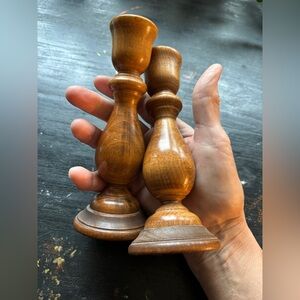 vintage pair of wooden candlesticks or candle holders